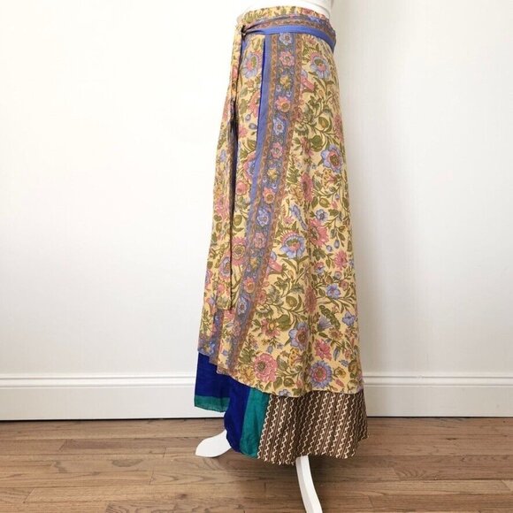 Vtg Silk Wrap Maxi Skirt Reversible Floral Yellow Multi India Sari Boho One Size - Picture 3 of 15